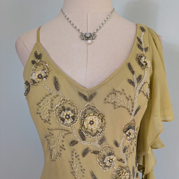 Vintage Sue Wong Silk Maxi Dress Gown 10 Green Y2K Fairy Floral Bead Grunge - Picture 8 of 16